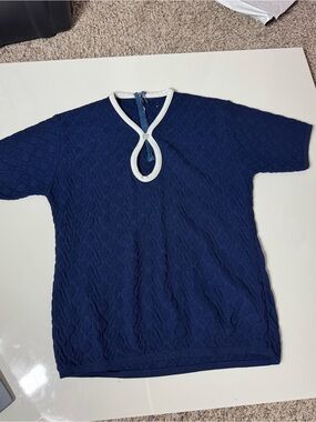 60/70s Navy Knit Short Sleeve Top with White Trim